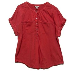 Lucky Brand, Roll Up Sleeves, Chest Pockets, 5-Button Up Front Top, Coral Pink,L